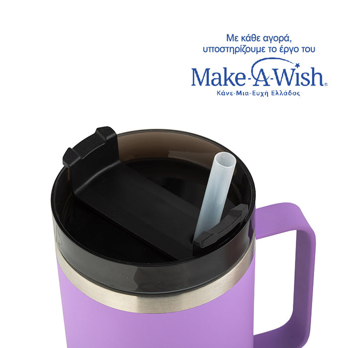 Stainless steel insulated travel mug with plastic straw "We Care", lilac 900ml Stainless steel insulated travel mug with plastic straw "We Care", lilac 900ml
