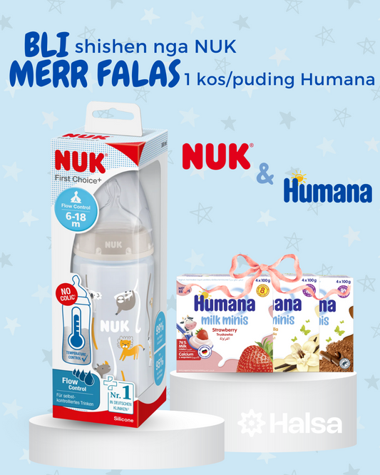 NUK Shishe Plastike First Choice+ Flow Control Silikon (6-18M) + Humana kos/puding (falas)