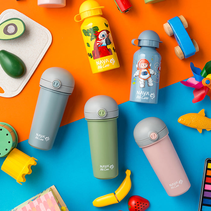 Plastic water bottle with silicone straw "We Care", blue 380ml Plastic water bottle with silicone straw "We Care", blue 380ml