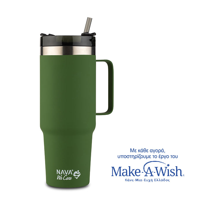 Stainless steel insulated travel mug with plastic straw "We Care", dark green 900ml Stainless steel insulated travel mug with plastic straw "We Care", dark green 900ml