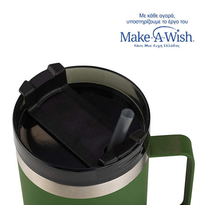 Stainless steel insulated travel mug with plastic straw "We Care", dark green 900ml Stainless steel insulated travel mug with plastic straw "We Care", dark green 900ml