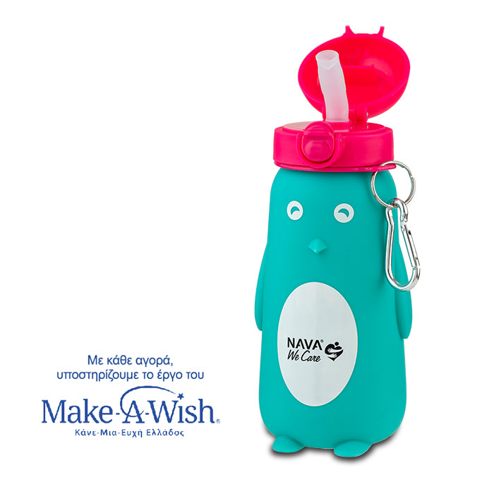 Silicon water bottle "We Care", turquoise penguin 500ml Silicon water bottle "We Care", turquoise penguin 500ml