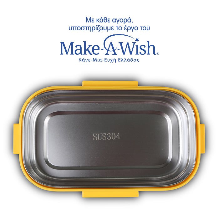 Rectangular stainless steel lunch box "We Care", yellow 800ml Rectangular stainless steel lunch box "We Care", yellow 800ml