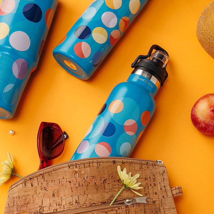 Stainless steel vacuum travel bottle with pouring lid "We Care", Color Dots 500ml