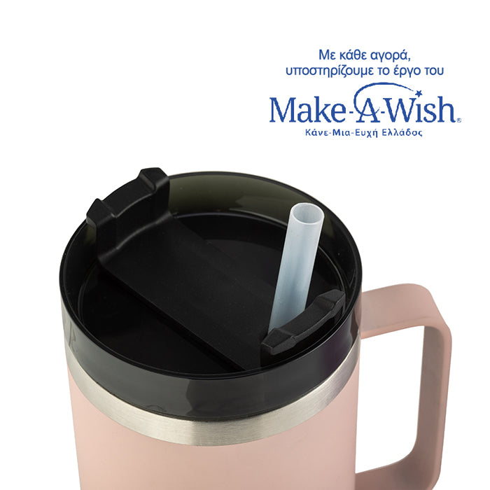 Stainless steel insulated travel mug with plastic straw "We Care", pink 900ml