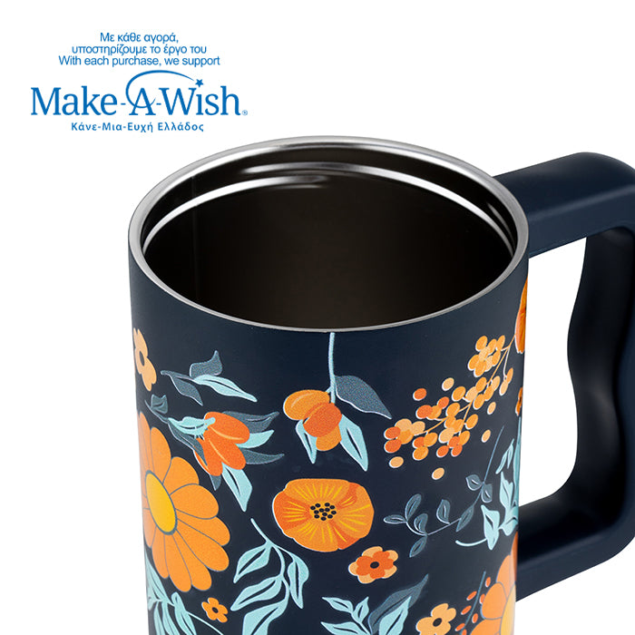 Stainless steel thermos tumbler with plastic straw "We Care", Dark Blue Floral 900ml