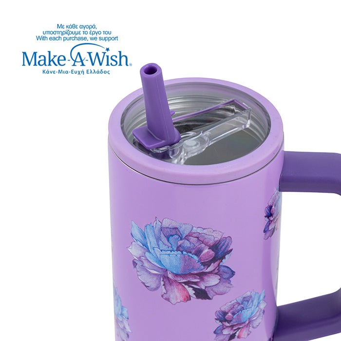 Stainless steel thermos tumbler with plastic straw "We Care", Purple Floral 900ml