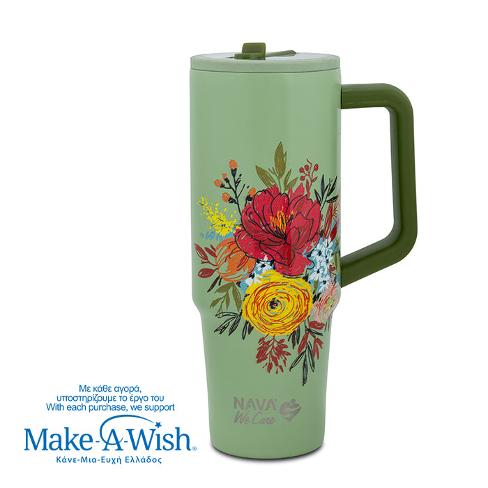 Stainless steel thermos tumbler with plastic straw "We Care", Green Floral 900ml