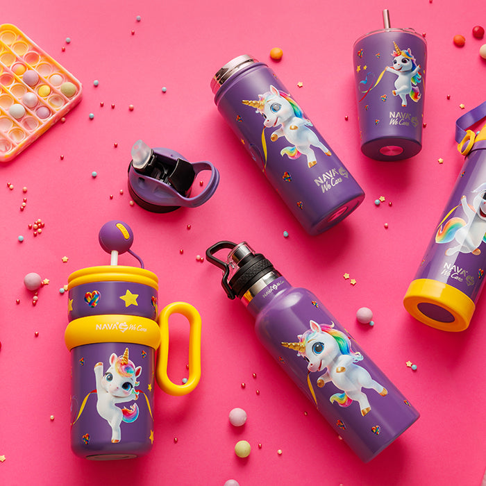 Stainless steel vacuum travel bottle with pouring lid "We Care", Purple Unicorn 500ml