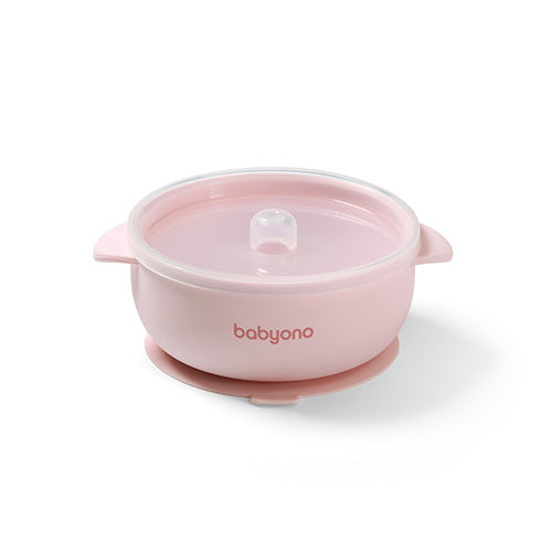 Silicone suction bowl with lid pink