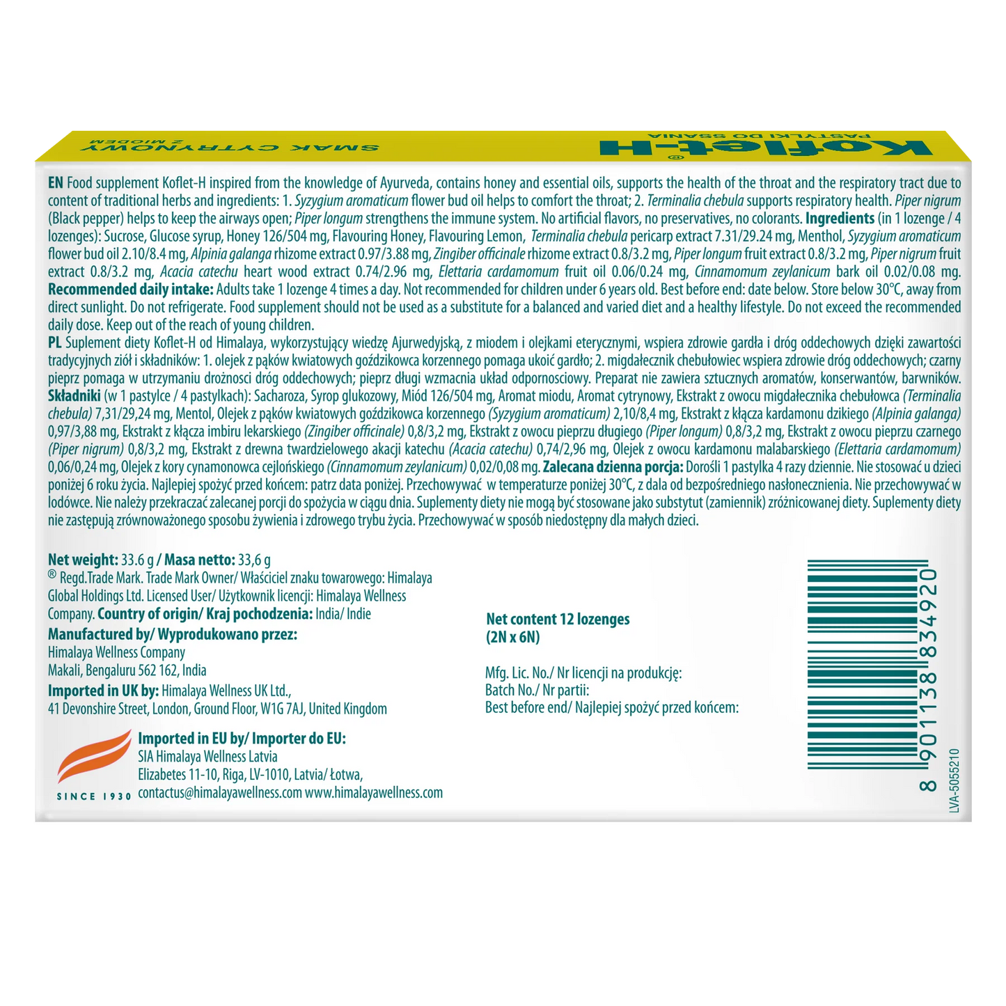 KOFLET-H LEMON 12 LOZENGES