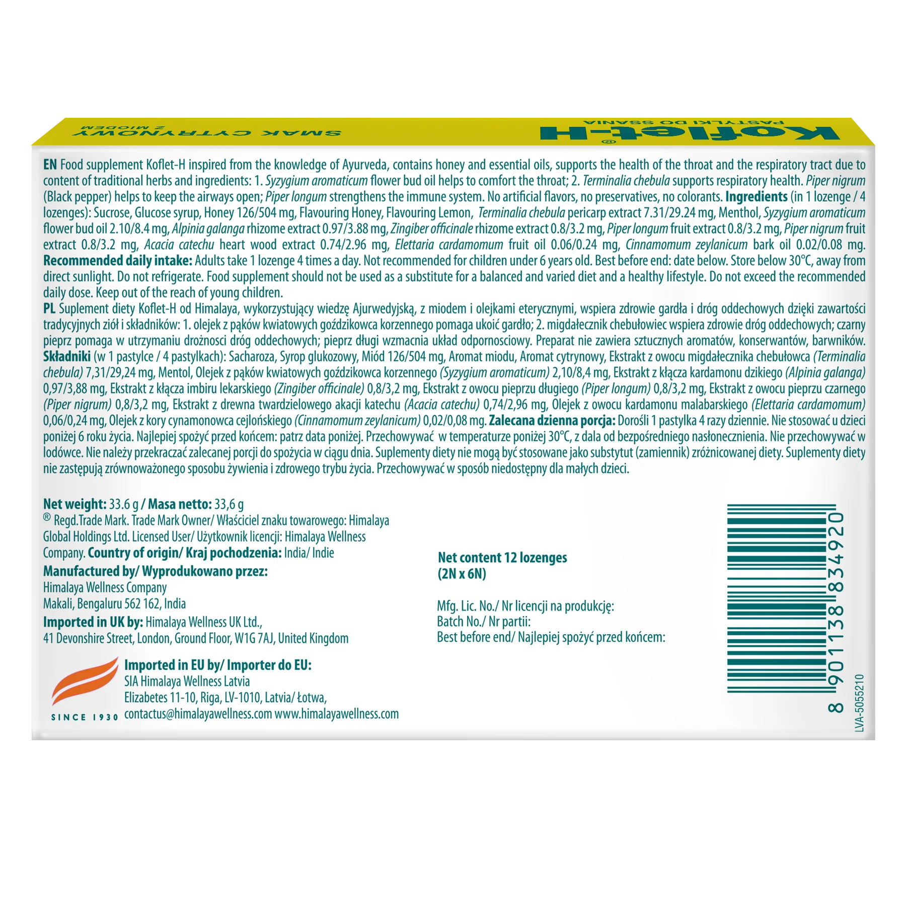 KOFLET-H LEMON 12 LOZENGES