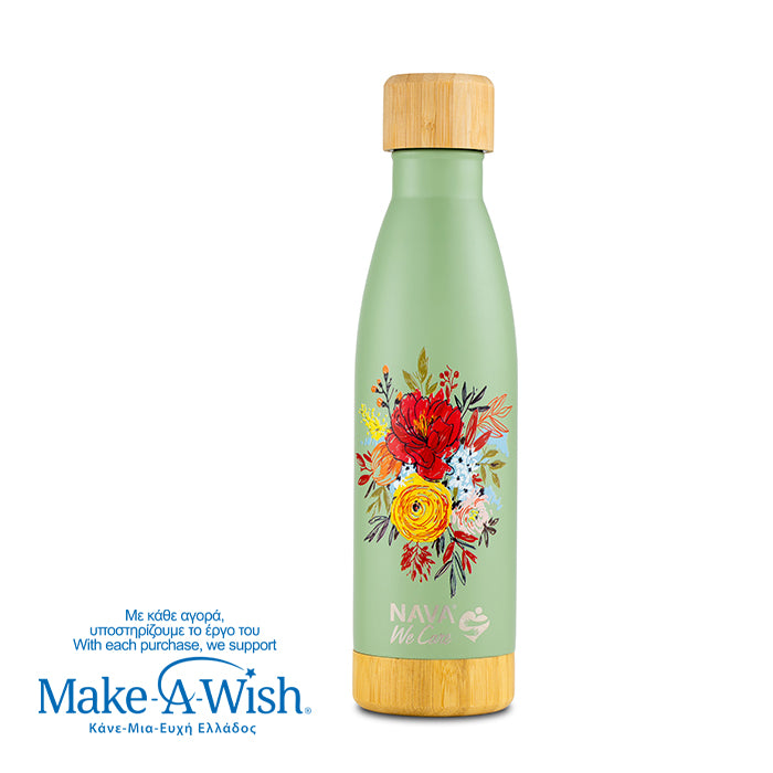 Stainless steel vacuum travel bottle bamboo "We care", Green Floral 500ml