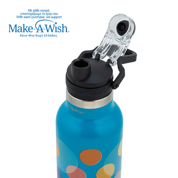 Stainless steel vacuum travel bottle with pouring lid "We Care", Color Dots 500ml