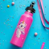 Stainless steel vacuum travel bottle with pouring lid "We Care", Pink Unicorn 500ml