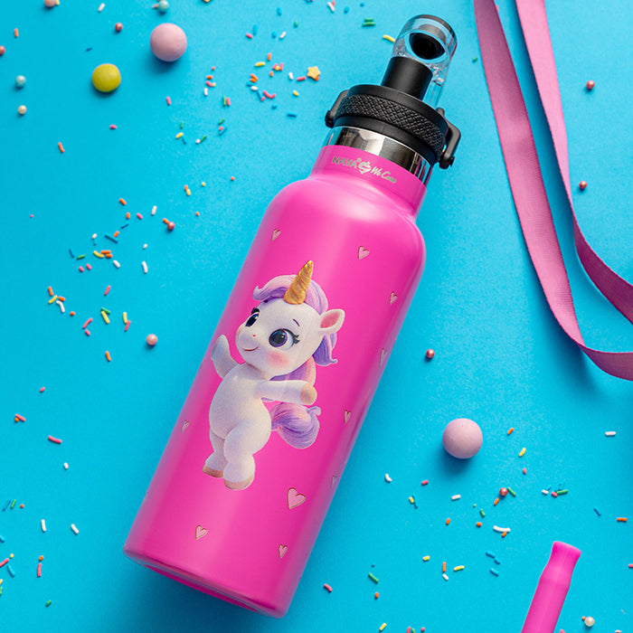 Stainless steel vacuum travel bottle with pouring lid "We Care", Pink Unicorn 500ml