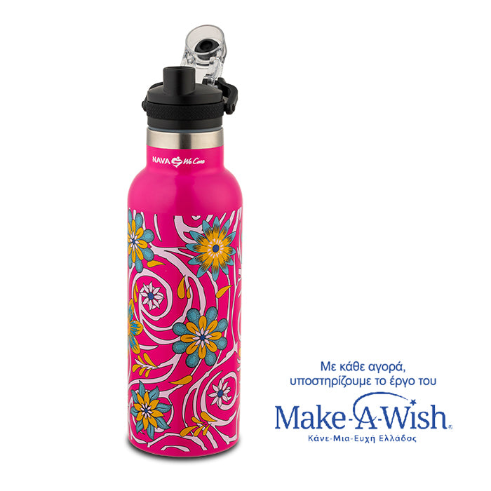 Stainless steel vacuum travel bottle with pouring lid "We Care", magenta 500ml
