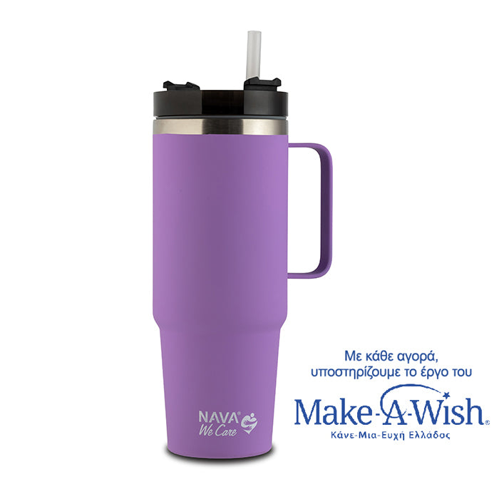 Stainless steel insulated travel mug with plastic straw "We Care", lilac 900ml