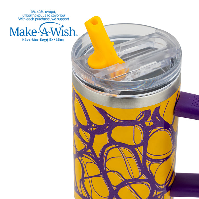Stainless steel thermos tumbler with sip straw "We Care", Yellow Print 900ml