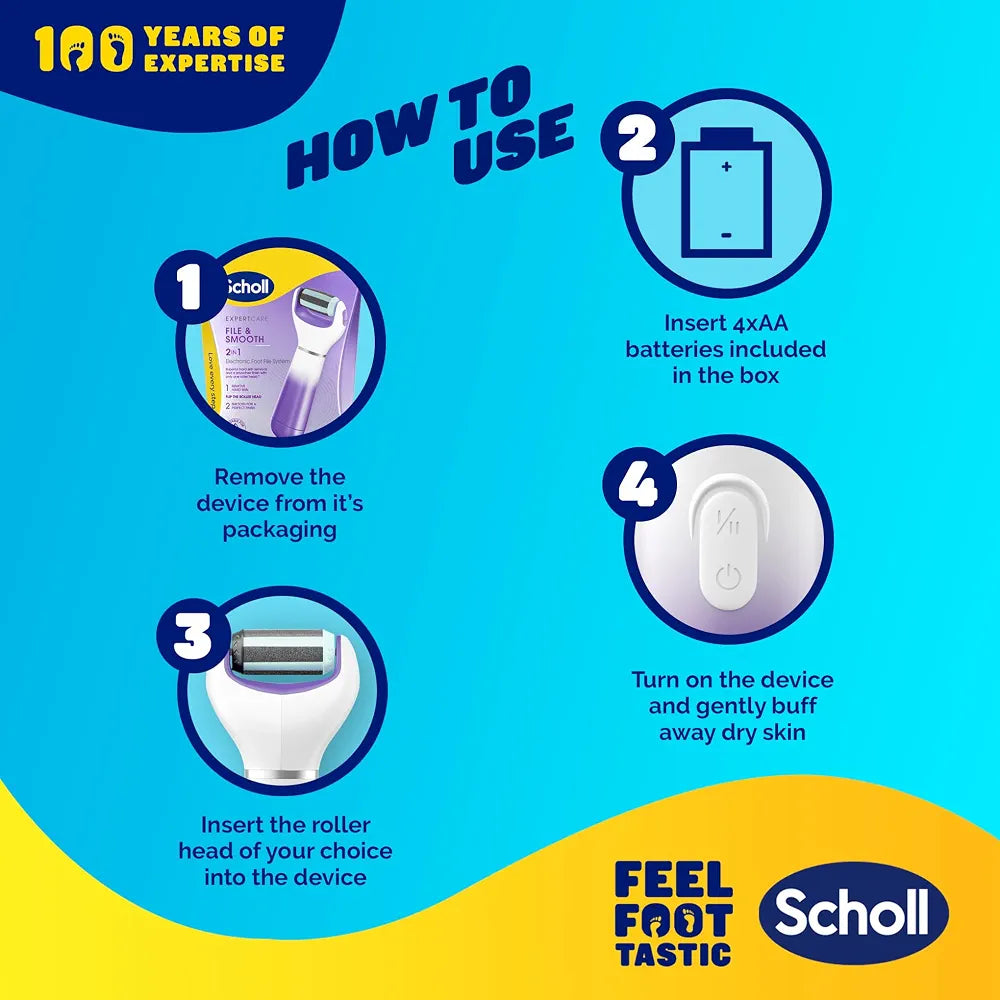 Scholl ExpertCare 2-in-1 File & Smooth. Dual Speed Pedi Electric Foot File for Hard Skin and Callus Removal. Batteries Included