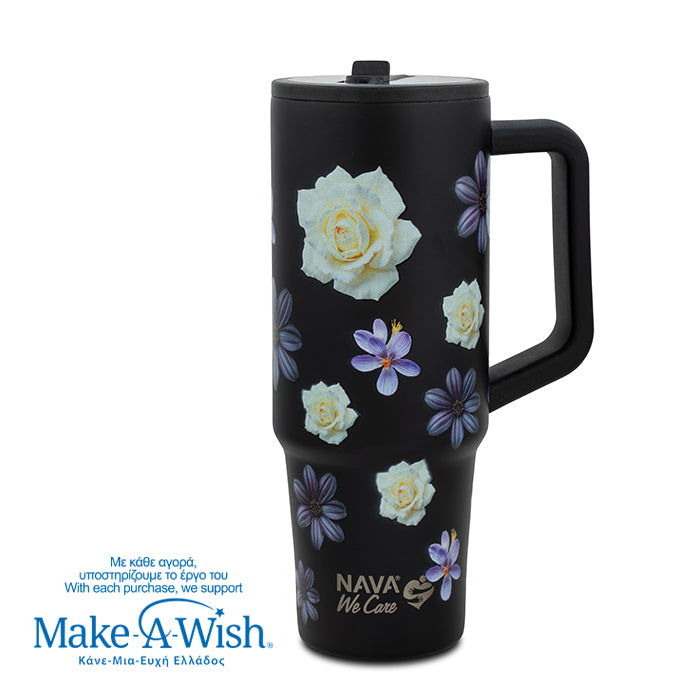 Stainless steel thermos tumbler with plastic straw "We Care", Black Floral 900ml