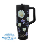 Stainless steel thermos tumbler with plastic straw "We Care", Black Floral 900ml