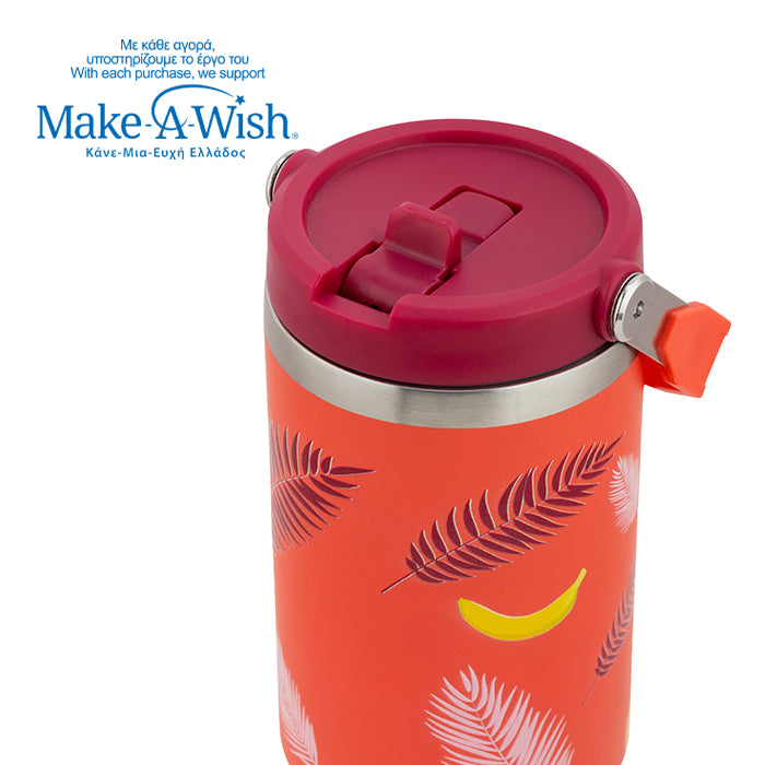 Stainless steel thermos tumbler with sip straw "We Care", Palm Banana 900ml