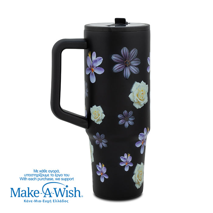 Stainless steel thermos tumbler with plastic straw "We Care", Black Floral 900ml