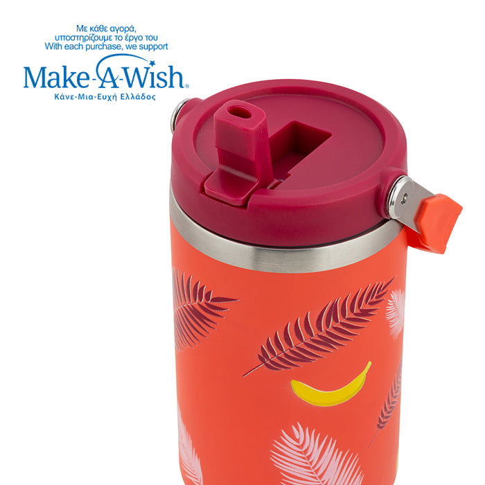 Stainless steel thermos tumbler with sip straw "We Care", Palm Banana 900ml