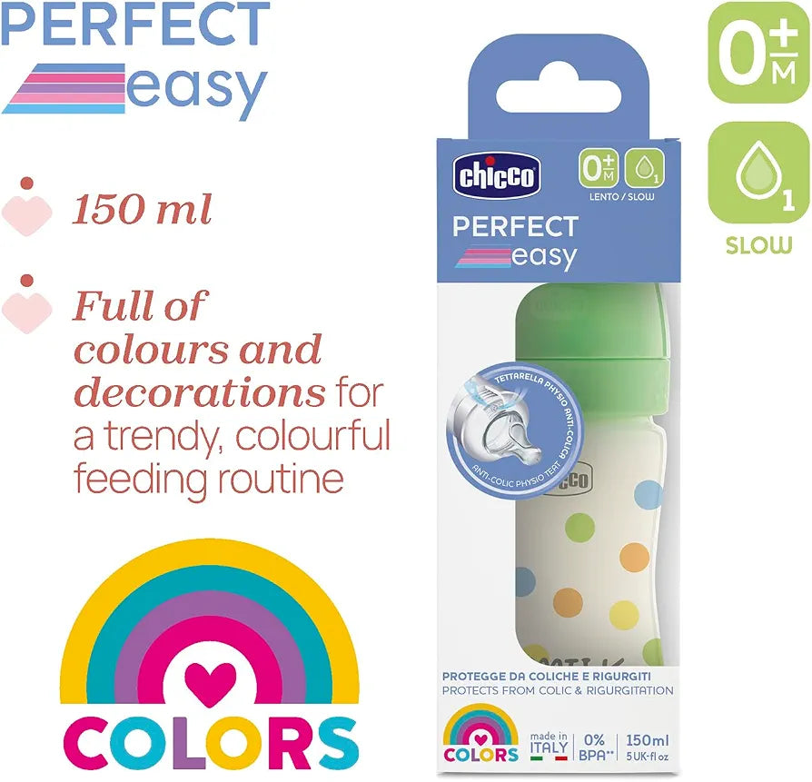 Chicco Perfect Easy Slow Flowing Feeding Bottle, with Soft Silicone Physio Teat and Soft Sense finish, Anti-Anticolic, Reduces Burping and Irritability, 150ml Plastic Bottle, 0+ M