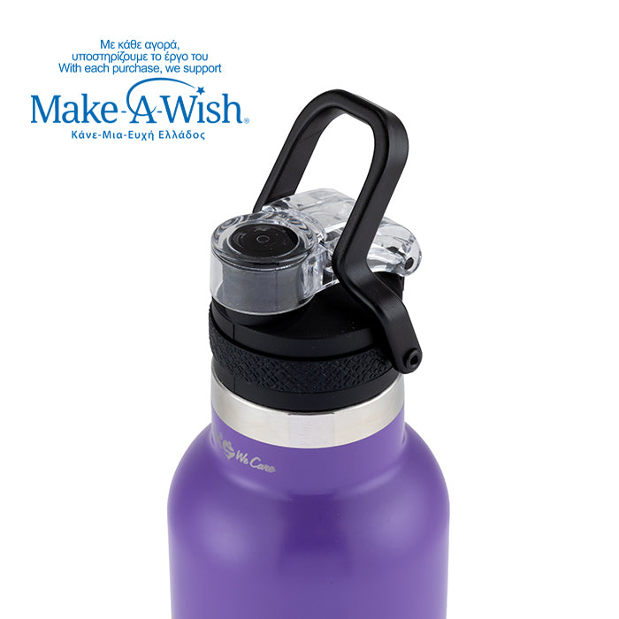 Stainless steel vacuum travel bottle with pouring lid "We Care", Purple Unicorn 500ml