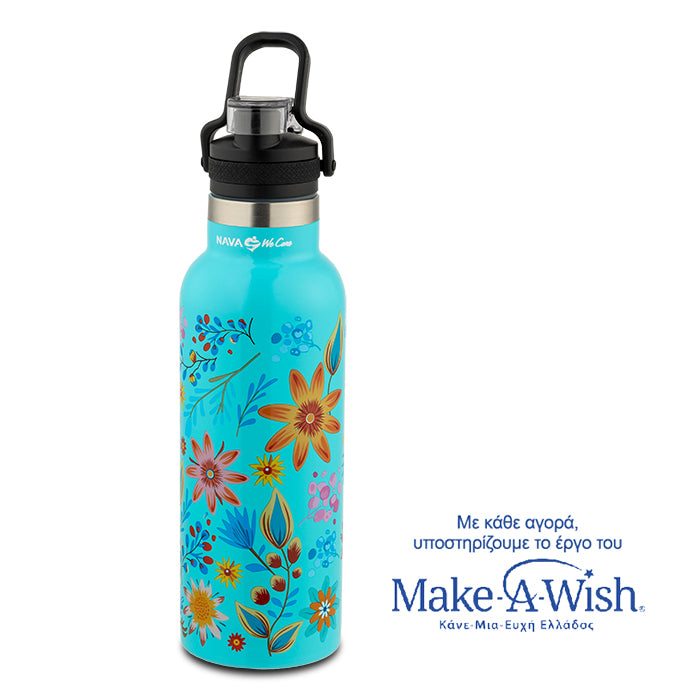 Stainless steel vacuum travel bottle with pouring lid "We Care" turquoise 500ml