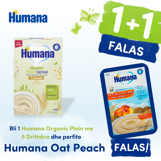 HUMANA MILK CEREAL OAT & PEACH + HUMANA ORGANIC PLAIN CEREAL 5-CEREALS 200G 6M+