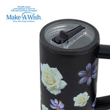 Stainless steel thermos tumbler with plastic straw "We Care", Black Floral 900ml