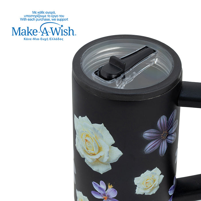 Stainless steel thermos tumbler with plastic straw "We Care", Black Floral 900ml