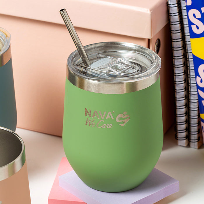 Stainless steel insulated travel mug with straw "We Care", green 360ml