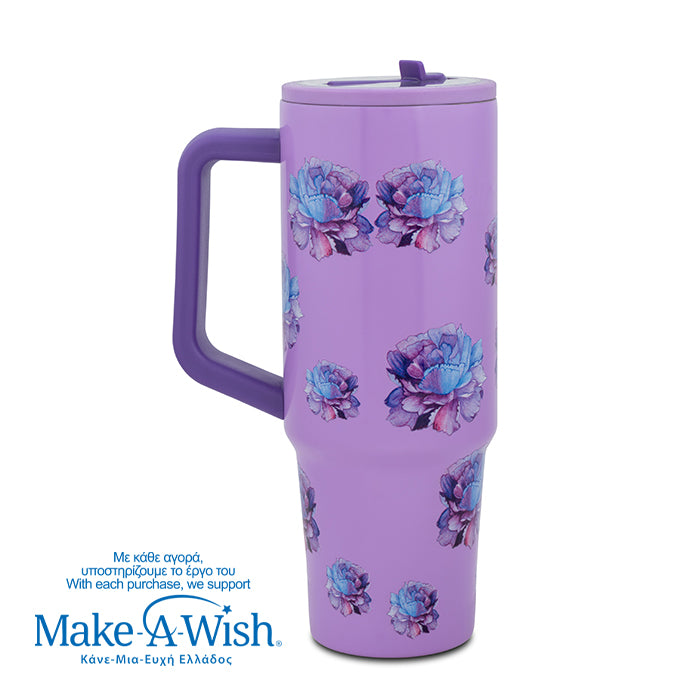 Stainless steel thermos tumbler with plastic straw "We Care", Purple Floral 900ml