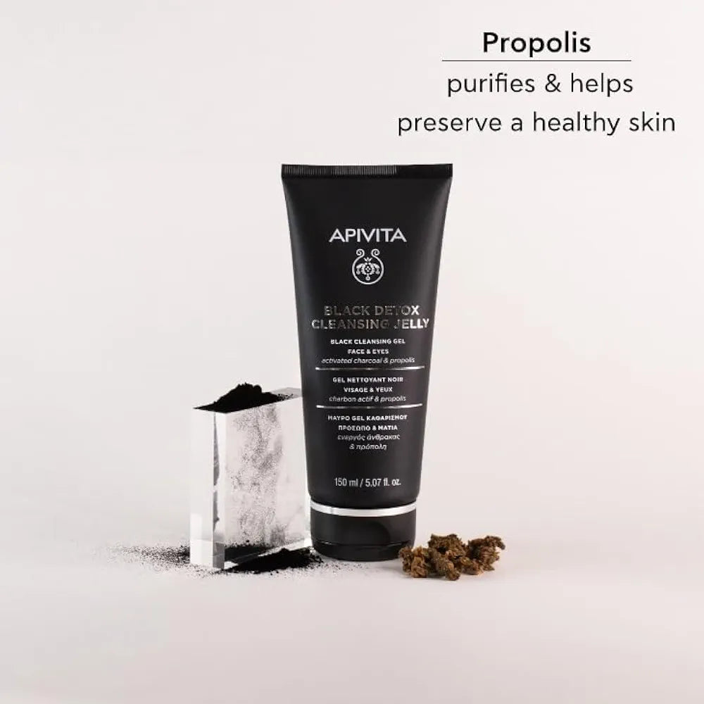 Apivita Black Detox Cleansing Jelly, Detoxifying Face & Eye Cleansing Gel with Activated Charcoal & Propolis