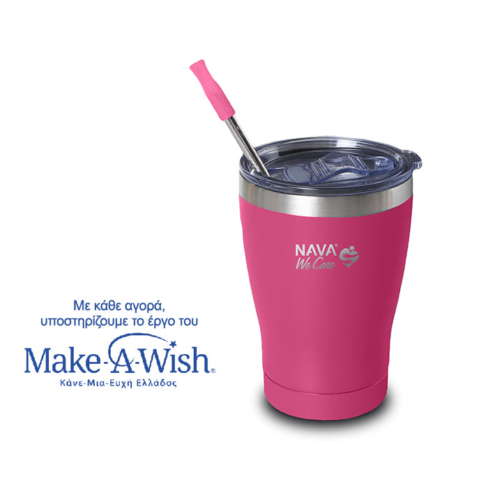 Stainless steel insulated travel mug with straw "We Care", magenta 360ml
