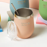 Stainless steel insulated travel mug with straw "We Care", pink 360ml