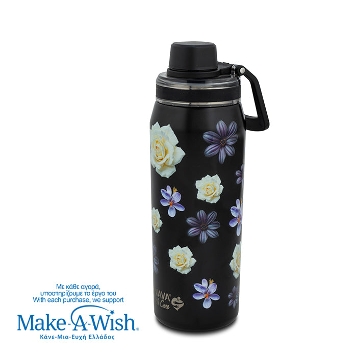 Stainless steel thermos bottle with spout "We Care", Black Floral 500ml