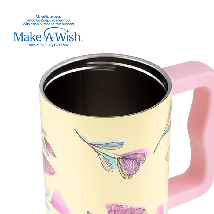 Stainless steel thermos tumbler with plastic straw "We Care", Cream Floral 900ml