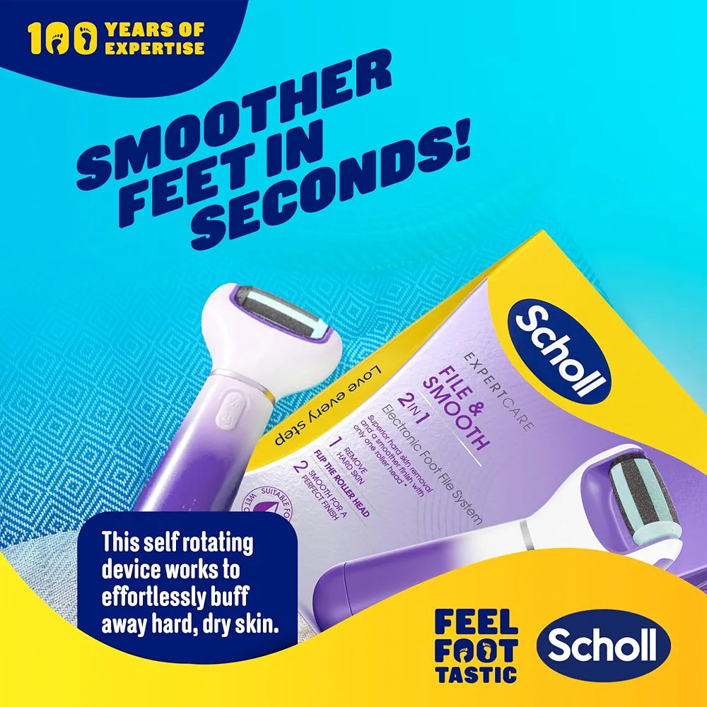 Scholl ExpertCare 2-in-1 File & Smooth. Dual Speed Pedi Electric Foot File for Hard Skin and Callus Removal. Batteries Included