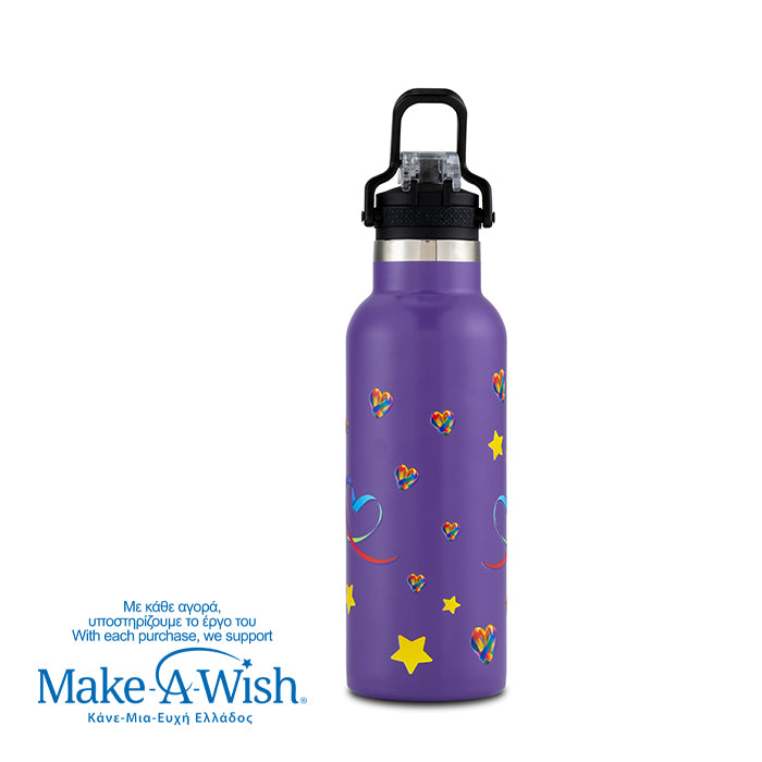 Stainless steel vacuum travel bottle with pouring lid "We Care", Purple Unicorn 500ml