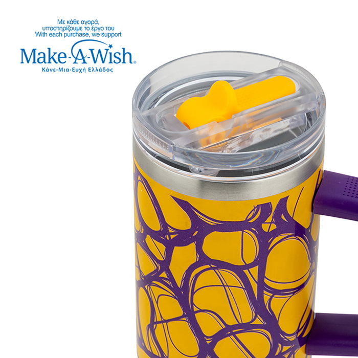 Stainless steel thermos tumbler with sip straw "We Care", Yellow Print 900ml
