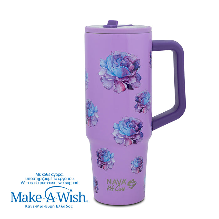 Stainless steel thermos tumbler with plastic straw "We Care", Purple Floral 900ml