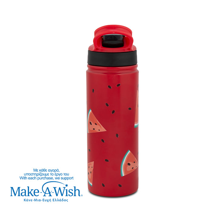 Stainless steel vacuum travel bottle with straw "We Care", Watermelon 500ml