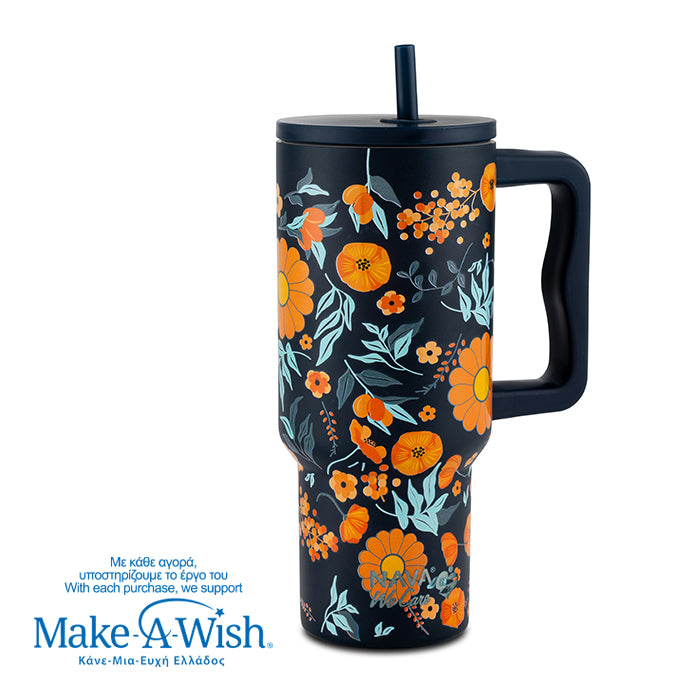 Stainless steel thermos tumbler with plastic straw "We Care", Dark Blue Floral 900ml