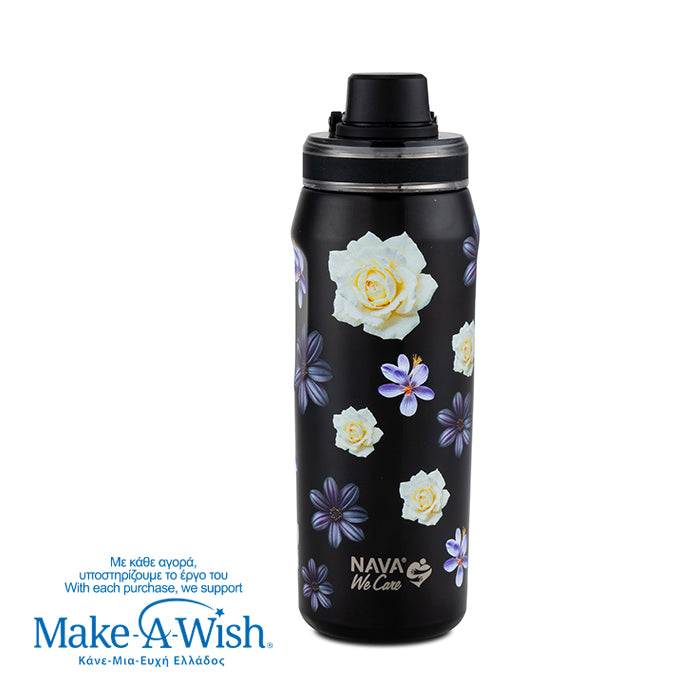 Stainless steel thermos bottle with spout "We Care", Black Floral 500ml