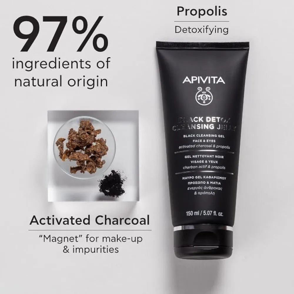 Apivita Black Detox Cleansing Jelly, Detoxifying Face & Eye Cleansing Gel with Activated Charcoal & Propolis